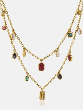 18K Gold Plated Multicolor Cubic Zirconia Layered Charm Necklace